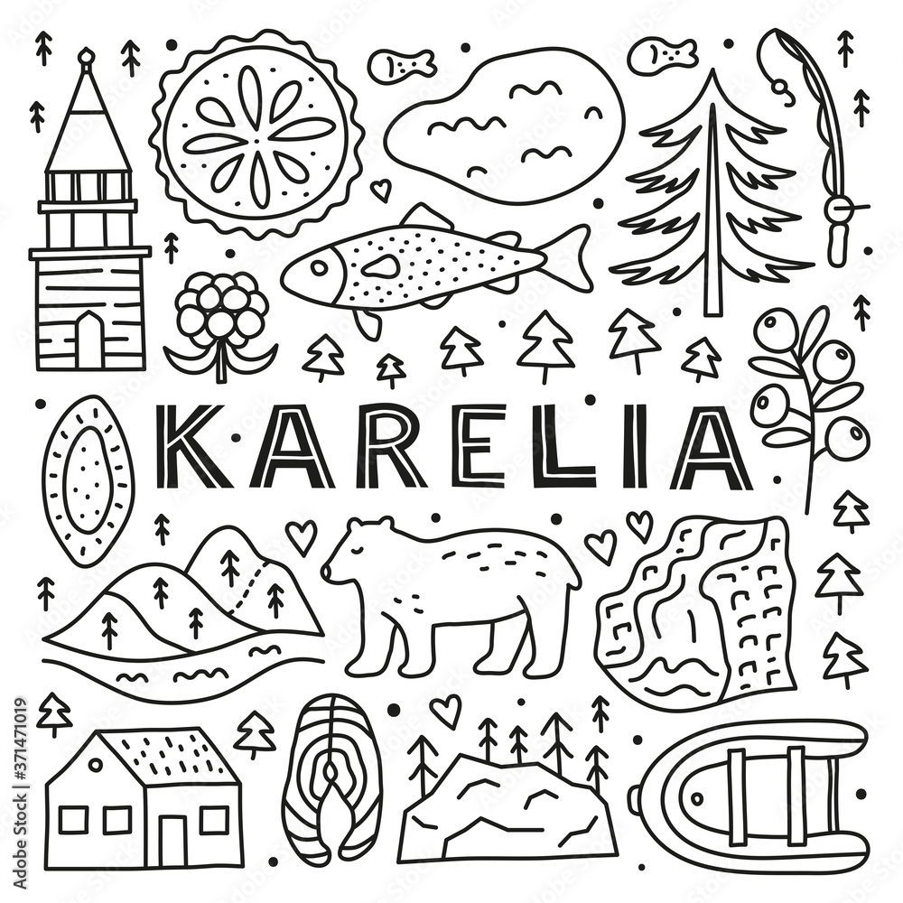 Poster with lettering and doodle outline Karelia icons including lake, waterfall, rocks, bell tower of Kizhi, pine, pie, boat, cranberry, cloudberry, trout fish, bear isolated on white background.