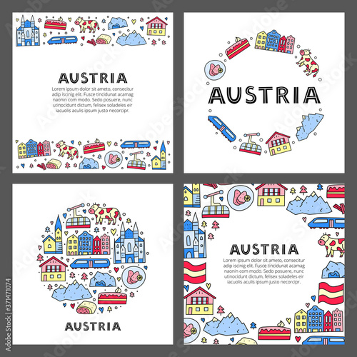 Set of cards with lettering and doodle colored Austria icons including Vienna Cathedral, train, chalet house, church, Alpine mountains, cow, flag, schnitzel, strudel, etc isolated on white background.