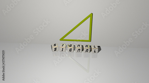 SIGNAL text of cubic dice letters on the floor and 3D icon on the wall - 3D illustration for background and design