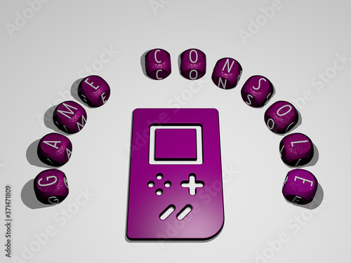 GAME CONSOLE icon surrounded by the text of individual letters - 3D illustration for background and ball