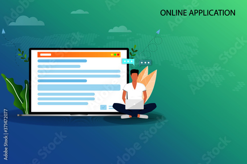 Online application concept, a young man is searching in the internet by using laptop to find a course to apply in the university and or job application after graduation in blue green color background.