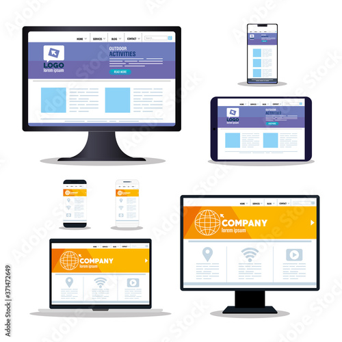 mockup responsive web, concept website development in devices electronics vector illustration design