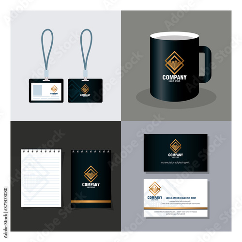 set scenes of corporate identity brand mockup with stationery supplies vector illustration design