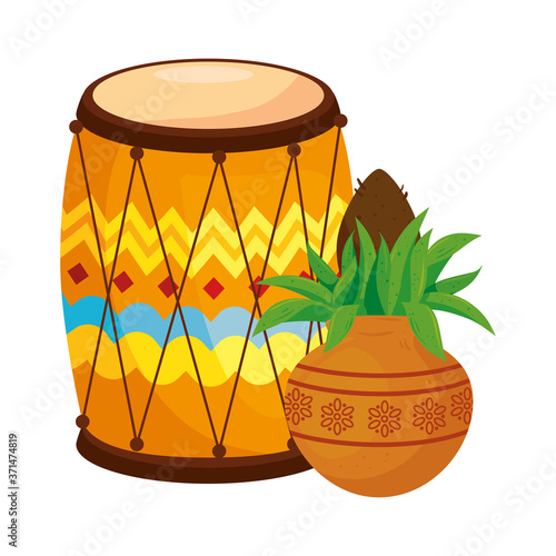 kalash with dhol, in white background vector illustration design