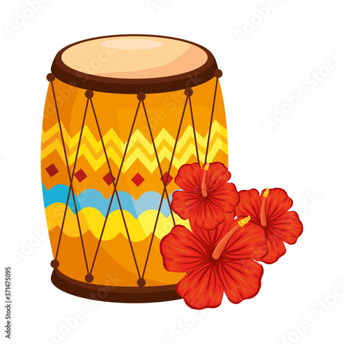 drum dhol indian traditional, with hibiscus flowers vector illustration design