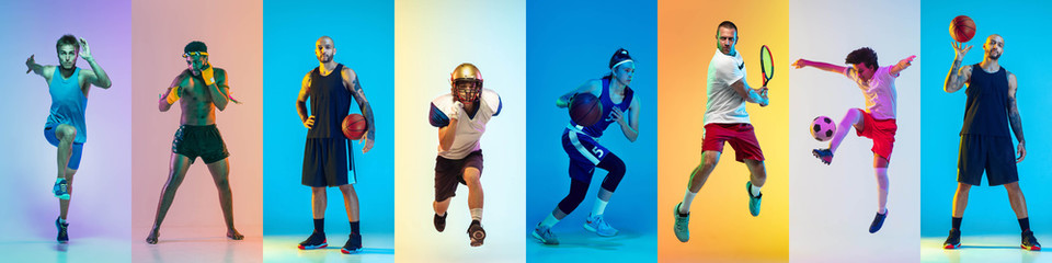 Sport collage of professional athletes or players, sportsmen on multicolored background in neon. Made of different photos of 7 models. Concept of motion, action, power, childhood, active lifestyle.