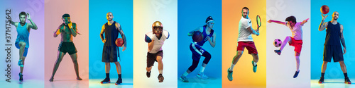 Sport collage of professional athletes or players, sportsmen on multicolored background in neon. Made of different photos of 7 models. Concept of motion, action, power, childhood, active lifestyle. © master1305
