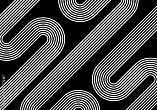 Modern monochrome abstract background of white curves parallel lines on a black background. Vector illustration