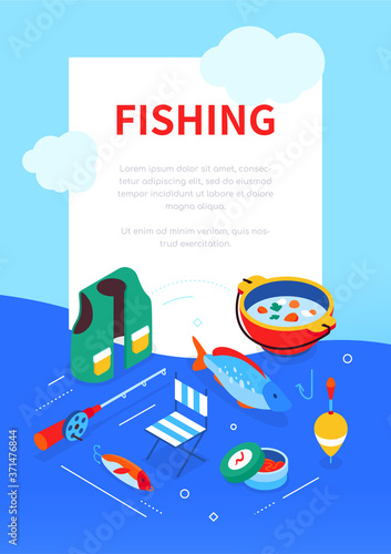 Fishing supplies - modern colorful isometric web banner