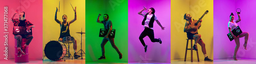 Collage of portraits of 5 young emotional talented musicians on multicolored background in neon light. Concept of human emotions, facial expression, sales. Playing guitar, singing, dancing, jumping. photo