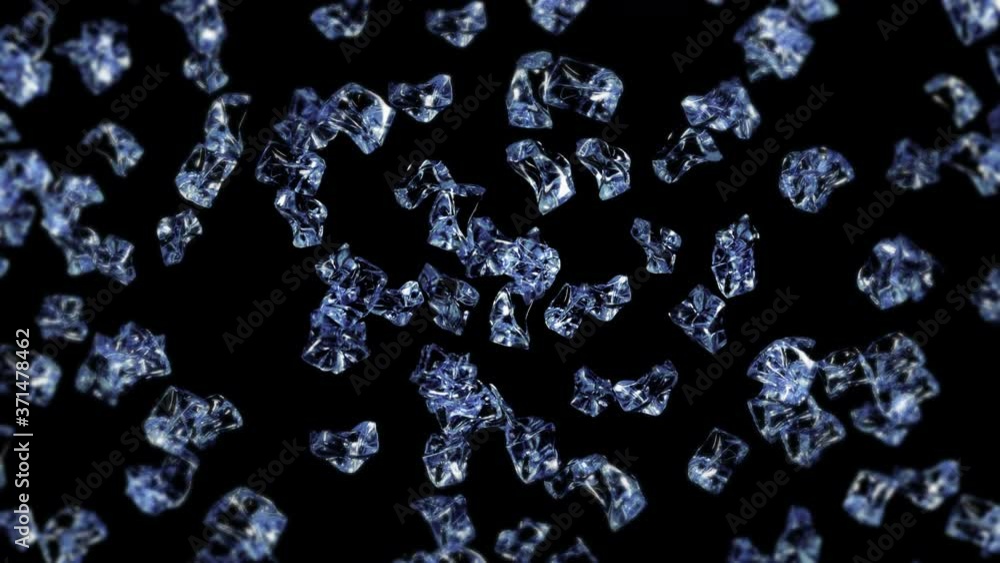 Flying many clean ice cubes on black background. Pieces of crushed ice, Natural water. 3D animation of crushed ice rotating. Loop animation. Flying many clean ice cubes on black background. Pieces of crushed ice, Natural water. 3D animation of crushed ice rotating. Loop animation.