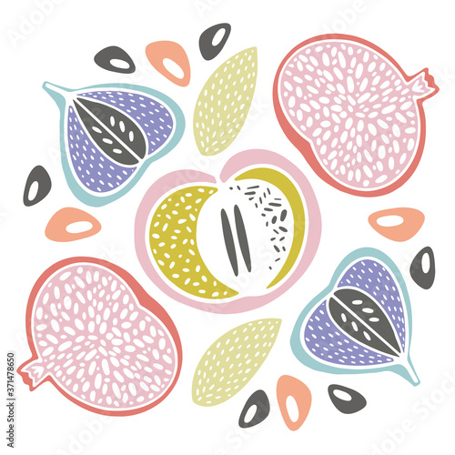 Vector color cartoon fruit-pomegranate, figs, apple and almond isolated on white background. Great for fabric, textile, wrapping paper and card. 