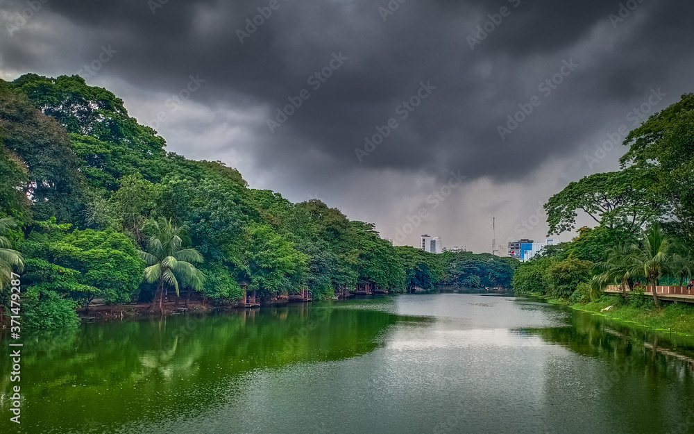 A beautiful lake in a park under the cloudy sky surround by beautiful tree