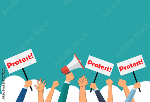 Arms raised in protest..Crowd with banners of protestors fists raised up in the air.revolution,freedom.Vector concept Protest and conflict concept