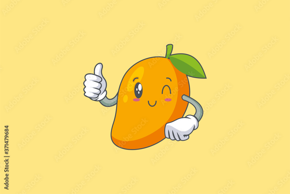 WINK, SMILING, cheerful, Smiling Face Emotion. Thumb Up Hand Gesture. Yellow Mango Fruit Cartoon Drawing Mascot Illustration. WINK, SMILING, cheerful, Smiling Face Emotion. Thumb Up Hand Gesture. Yellow Mango Fruit Cartoon Drawing Mascot Illustration.