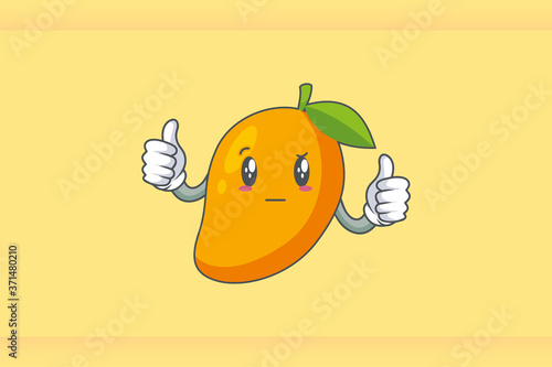 REALLY, ATTENTIVE, Curios Face Emotion. Double Thumb Up Hand Gesture. Yellow Mango Fruit Cartoon Drawing Mascot Illustration.