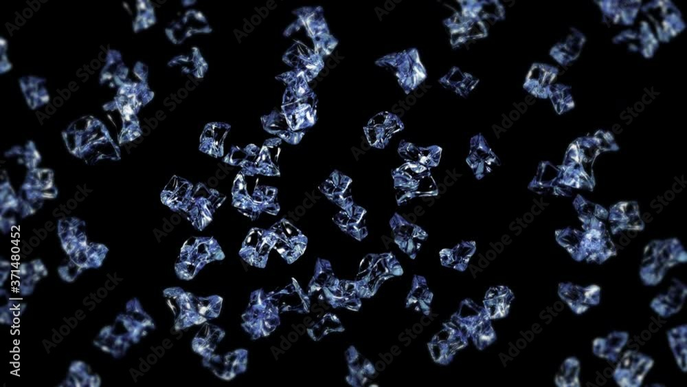 Flying many clean ice cubes on black background. Pieces of crushed ice, Natural water. 3D animation of crushed ice rotating. Loop animation. Flying many clean ice cubes on black background. Pieces of crushed ice, Natural water. 3D animation of crushed ice rotating. Loop animation.
