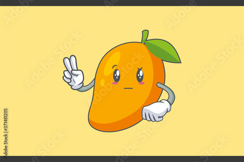 REALLY, ATTENTIVE, Curios Face Emotion. Peace Hand Gesture. Yellow Mango Fruit Cartoon Drawing Mascot Illustration.