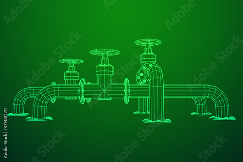 Oil pipeline with valve business concept. Finance economy polygonal petrol production. Petroleum fuel industry transportation line. Wireframe low poly mesh vector illustration.