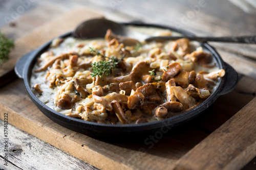 Fried chanterelle mushrooms with onions or stew on wooden background. Selective focus.