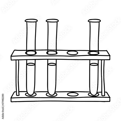 Chemical or medical test tubes, flasks. Design element on the theme of medicine, health, science, and education. Doodle. Hand drawn and isolated on a white background. Black-white vector illustration.
