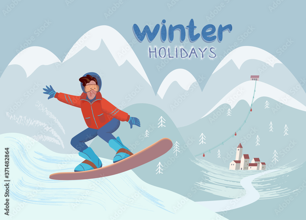 Cheerful man is riding and jumping on a snowboard on a mountain pick. Vector isolated winter illustration with hand drawn texture in cartoon style.