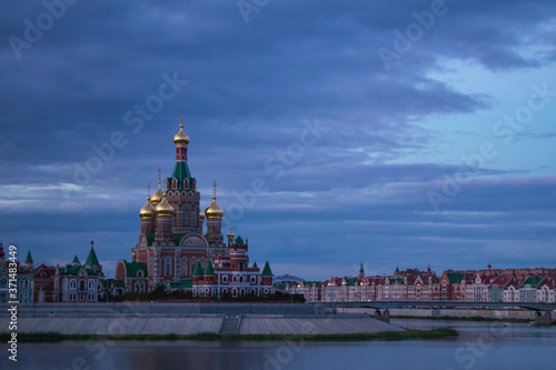 night image of Cathedral of The Annunciation of the Blessed Virgin Mary on the Brugges Embankment, Yoshkar-Ola, Russia