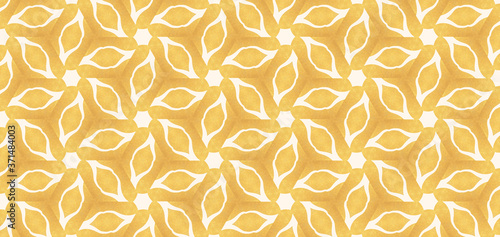 Textile type print white shapes forming a flowers filigree on a gilt background which mimics the aesthetics of art deco style. Abstract golden and white background. Computer generated image