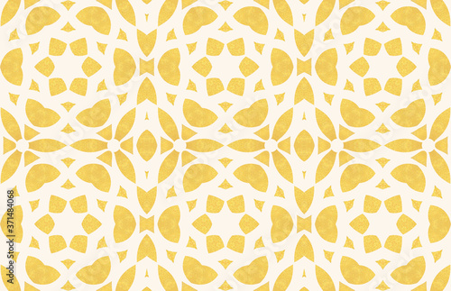 Textile type print computer generated with golden shapes forming a geometric filigree on a white background, imitating aesthetics of batik. Abstract golden and white background