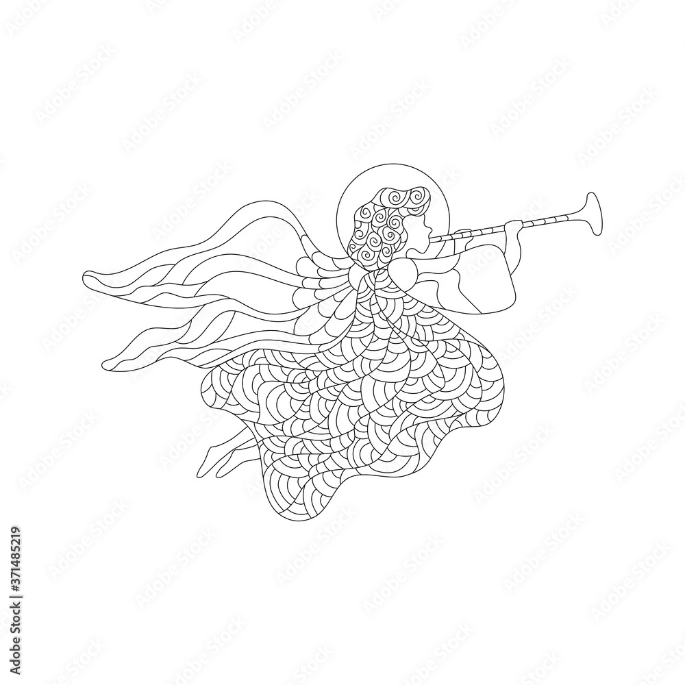Obraz premium Merry Christmas vector greeting card with flying angel, trumpet, ornaments. Angel coloring page. Christmas line art illustration.