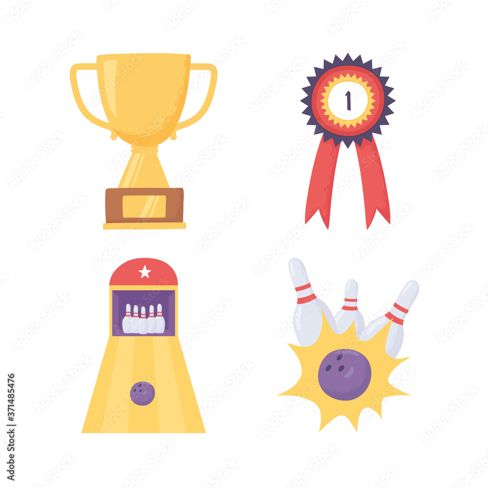 bowling game trophy medal ball alley and pins icons flat design bowling game trophy medal ball alley and pins icons flat design