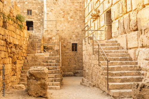 Byblos Crusader Castle, Lebanon. Stone and limestone walls, stairs, close-up view of the fortress photo