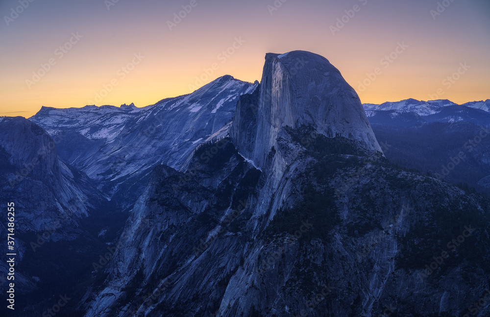 half dome from glacier point in yosemite national park at sunrise