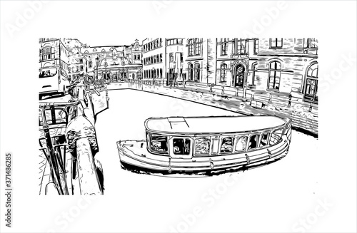 Building view with landmark of Amsterdam is the Netherlands’ capital, known for its artistic heritage. Hand drawn sketch illustration in vector.