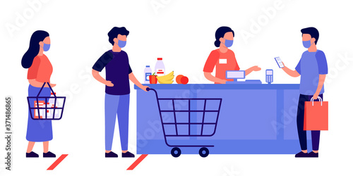 People shopping, queue. Contactless mobile payment for purchases. Social distancing and protective masks. Checkout, supermarket store counter cashier and shoppers with shopping cart of food. Vector