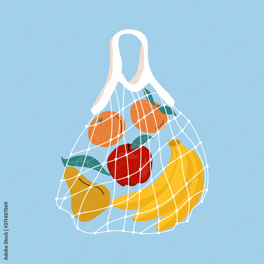 Fruit in a mesh bag. A variety of fresh tropical fruits in a reusable ECO bag. Vector stock illustration. Zero waste concept. Home delivery of healthy food. Zero waste, plastic free concept. Fruit in a mesh bag. A variety of fresh tropical fruits in a reusable ECO bag. Vector stock illustration. Zero waste concept. Home delivery of healthy food. Zero waste, plastic free concept.