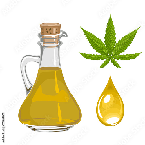 Hemp seed oil in glass bottle, green leaf and drop isolated on white background. Vector illustration in cartoon flat style.