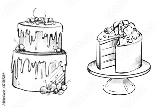 Hand drawing illustration set of cakes on a stand. black and white sketch sweet cakes for wedding invitations. wedding cake sketch pencil vector. Outline black ink hand drawn two-layer cake eat logo