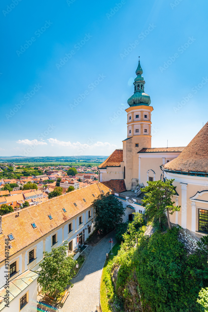 Panoramic view of tower at Mikulov castle, czech republic. Romantic place in land of wine, south Moravia region.