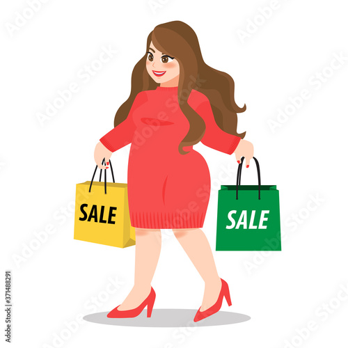 Happy fat lady in red sweater dress holding paper shopping bags on white background vector