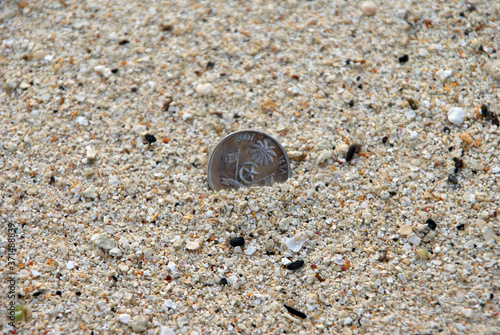 maldivian coin on white sand on the beach