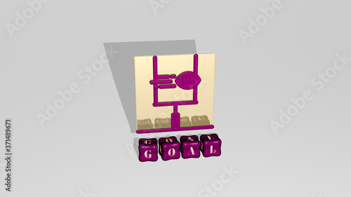 3D representation of goal with icon on the wall and text arranged by metallic cubic letters on a mirror floor for concept meaning and slideshow presentation for illustration and business
