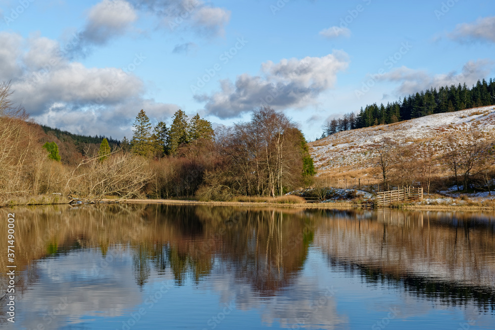 Loch Saugh in the foothills of the Angus Glens on a bright afternoon in February, with the reflections of the Trees at the waters edge.