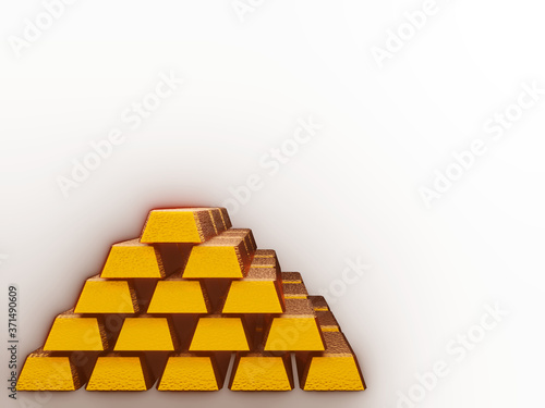 3D rendering of many Gold bar are glow on white background, 3D illustration