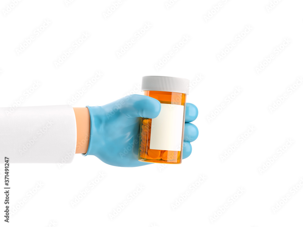 3d illustration. Cartoon character hand in medical glove holding pill bottle. 3d illustration. Cartoon character hand in medical glove holding pill bottle.
