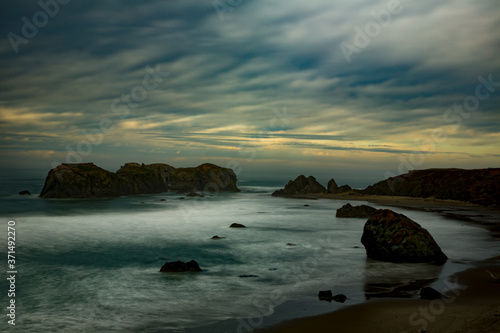 sea Stacks at Bandon Beach on the south Oregon coast at Bandon. Waves are blurred.