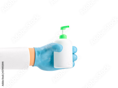 3d illustration. Cartoon character hand in medical glove holding a jar of antiseptic.