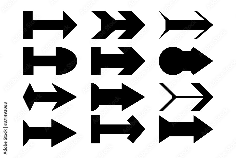 One side arrows with tails. Big collection of different arrow icons on a white background. Vector. One side arrows with tails. Big collection of different arrow icons on a white background. Vector.