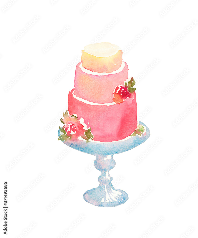 coral wedding cake with roses on a crystal plate