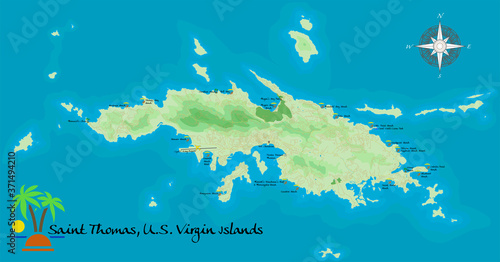 Saint Thomas, U. S. Virgin Island. Realistic satellite background map with designation of beaches, places for rest and entertainments. Drawn with cartographic accuracy. A bird's-eye view. 